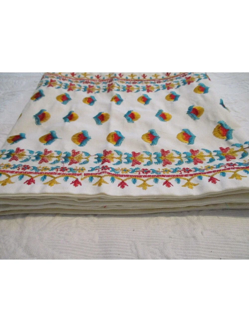 Vintage Indian Style Embroidered Table Runner 96x12 Boho Geometric Trim Cream